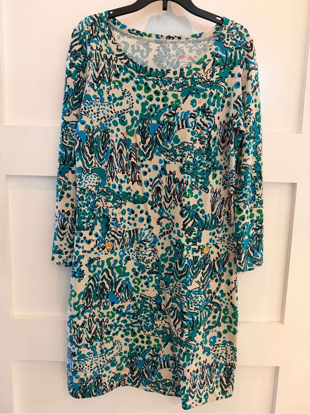 Lilly Pulitzer Geanna 3/4 Sleeve 100% Cotton Dress Green & Blue Size Small
